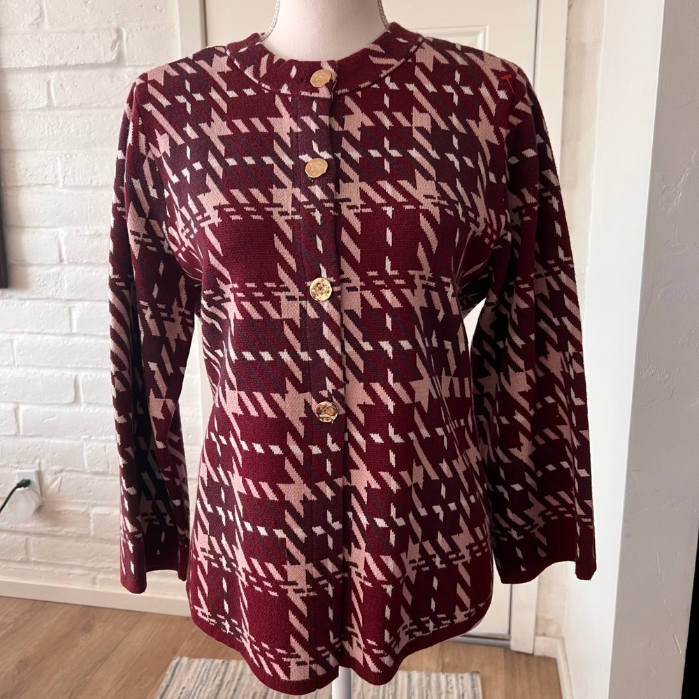 Adrienne Vittadini Burgundy Pink Houndstooth Cardigan Gold Button Sweater M